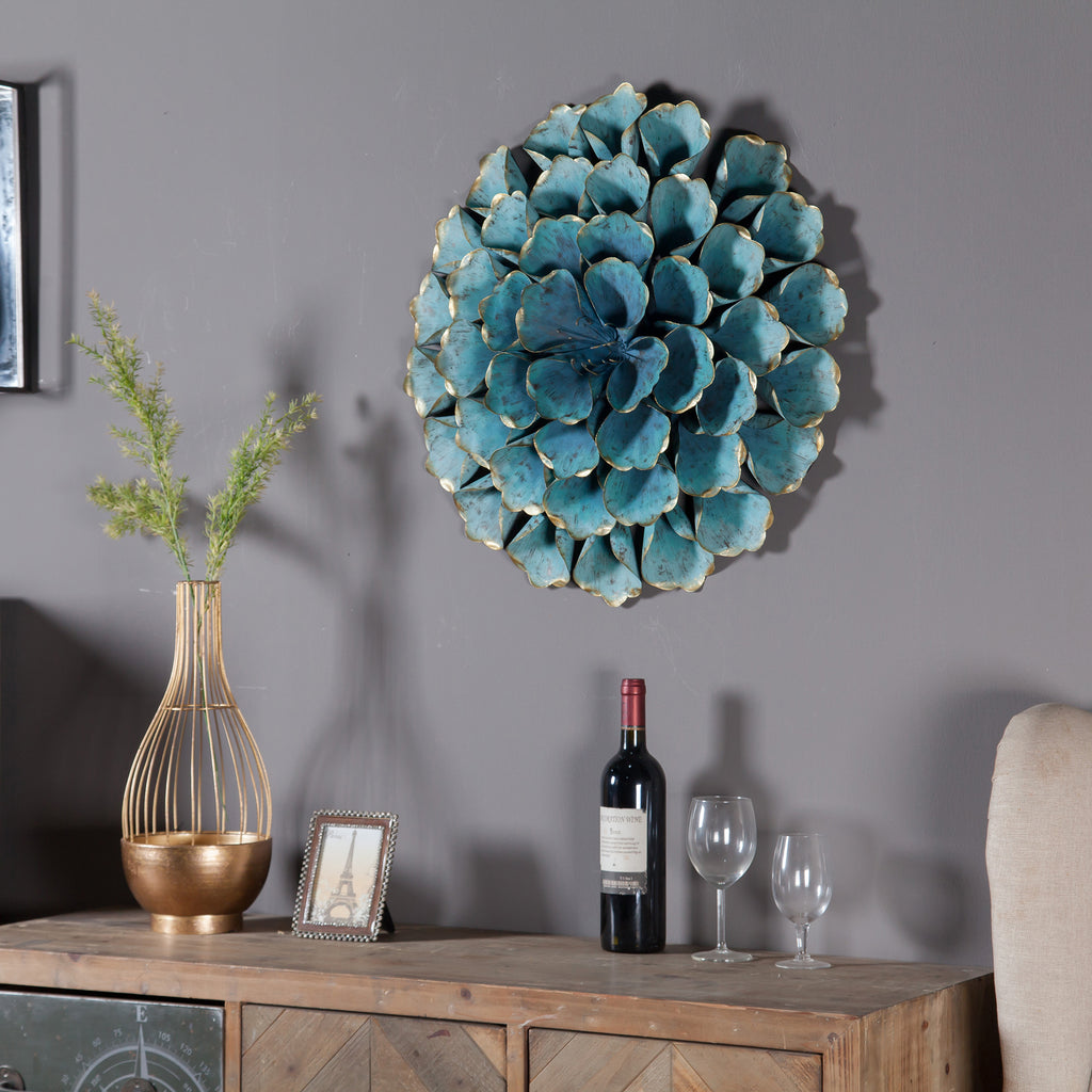 Radiant Metal Floral Wall Hanging with Blue-Green Petals and Gold Accents