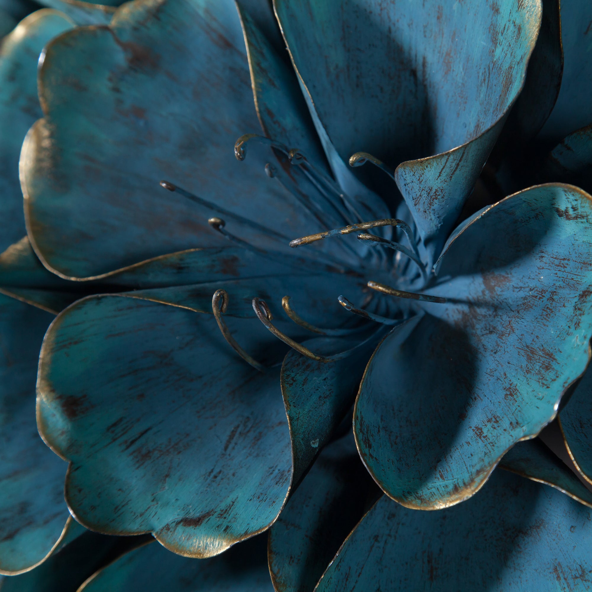 Radiant Metal Floral Wall Hanging with Blue-Green Petals and Gold Accents