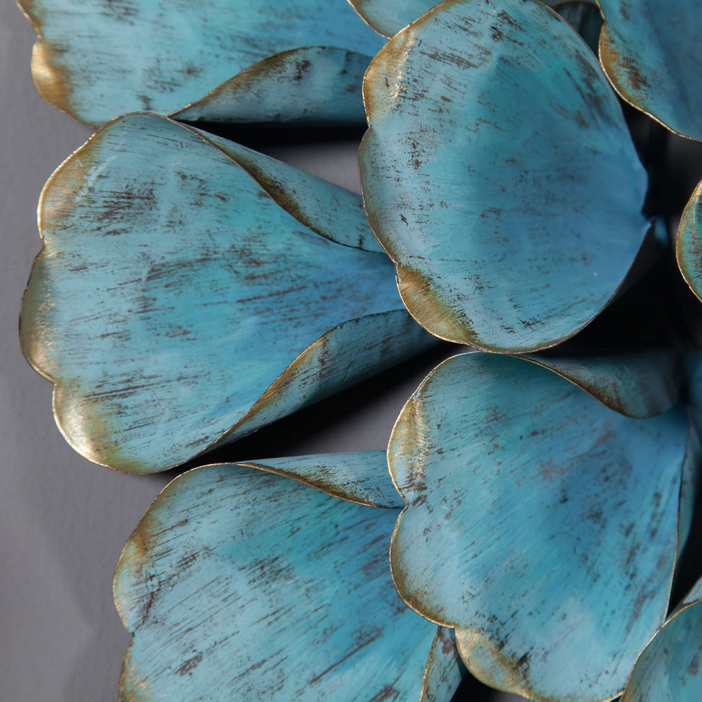 Radiant Metal Floral Wall Hanging with Blue-Green Petals and Gold Accents