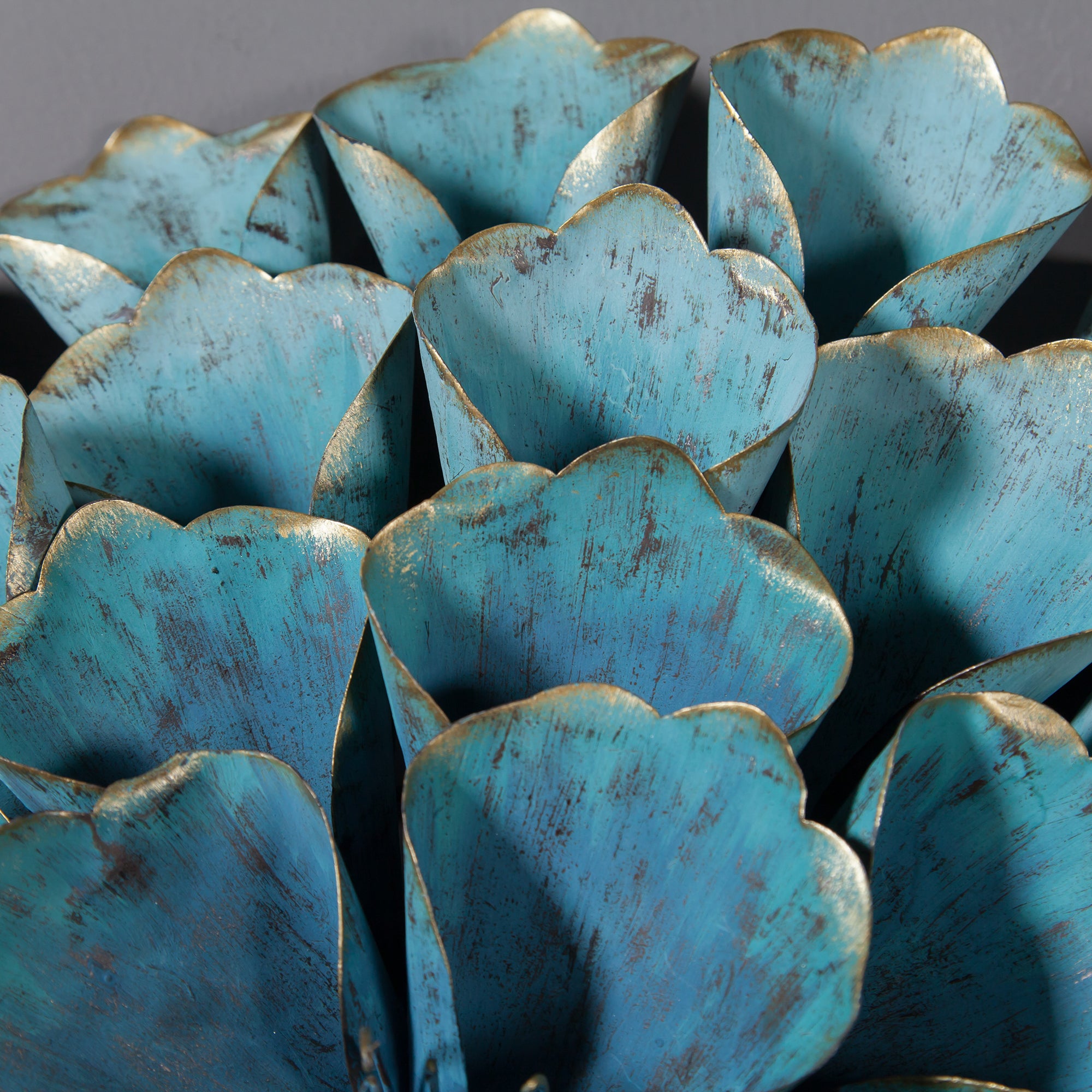 Radiant Metal Floral Wall Hanging with Blue-Green Petals and Gold Accents