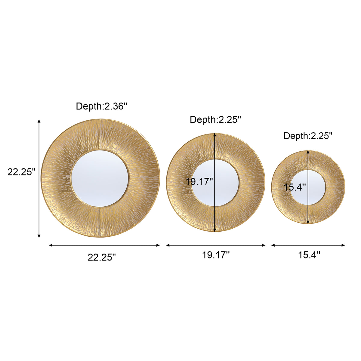 3-Piece Hammered Metal Round Decorative Wall Mirror Set, Gold