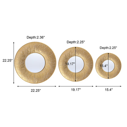 3-Piece Hammered Metal Round Decorative Wall Mirror Set, Gold