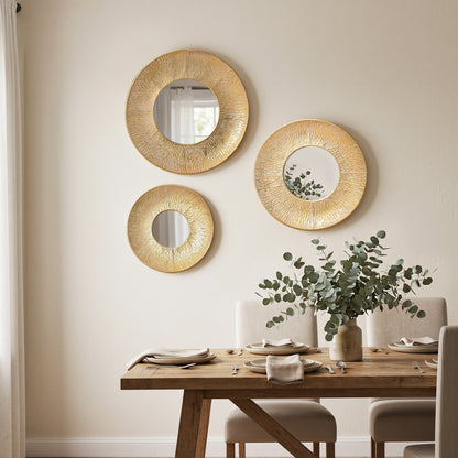 3-Piece Hammered Metal Round Decorative Wall Mirror Set, Gold