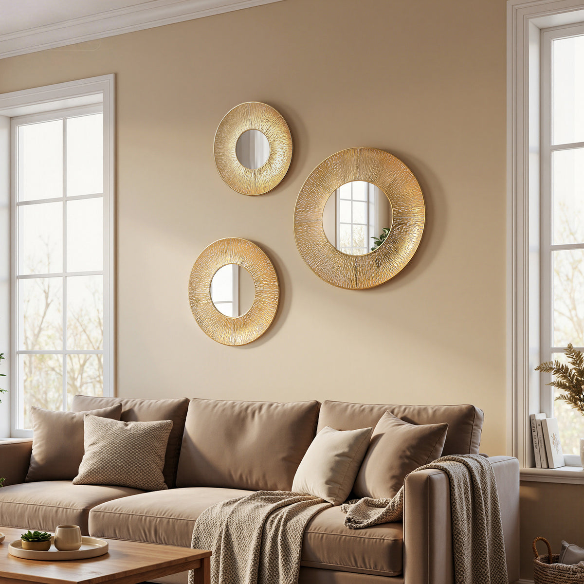 3-Piece Hammered Metal Round Decorative Wall Mirror Set, Gold