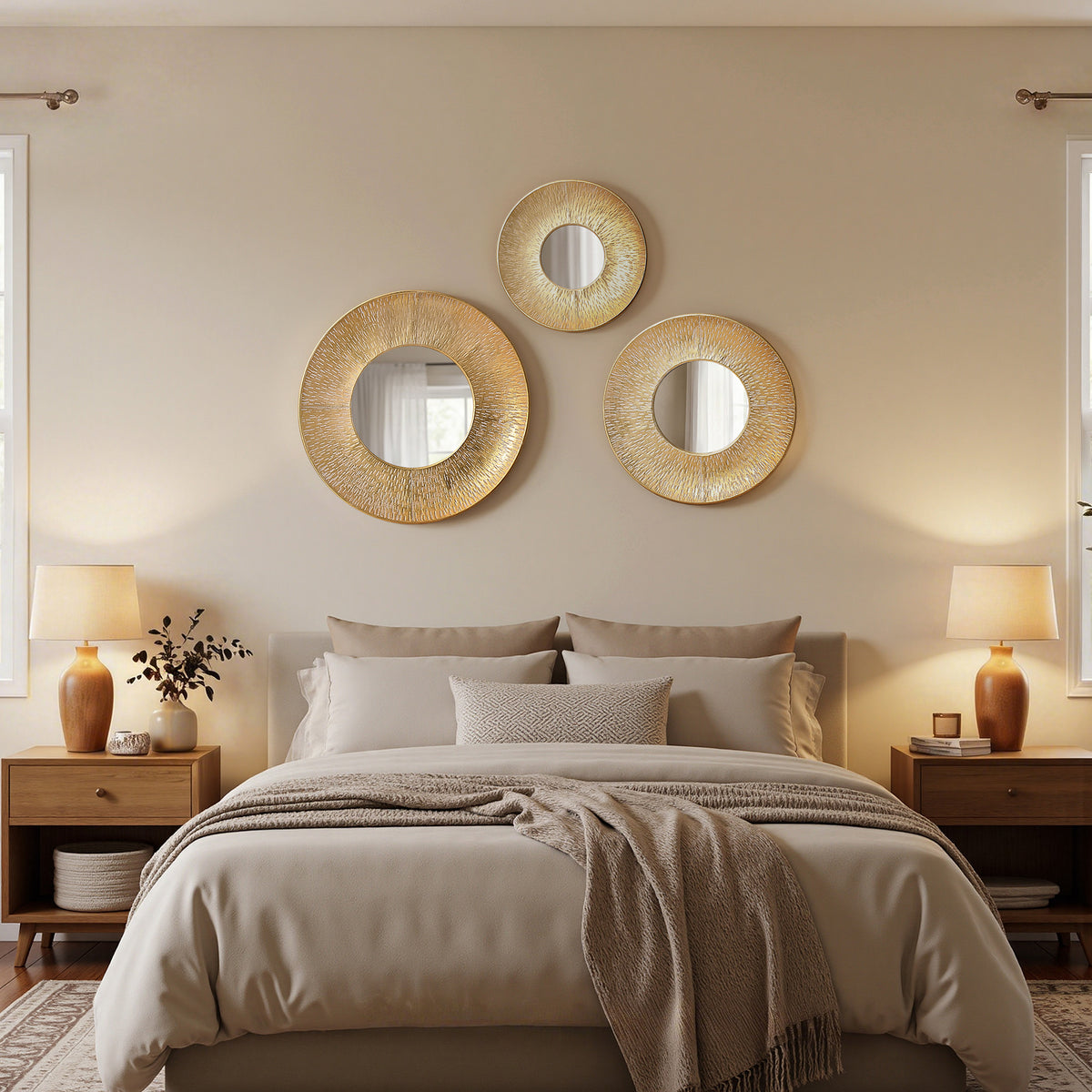 3-Piece Hammered Metal Round Decorative Wall Mirror Set, Gold