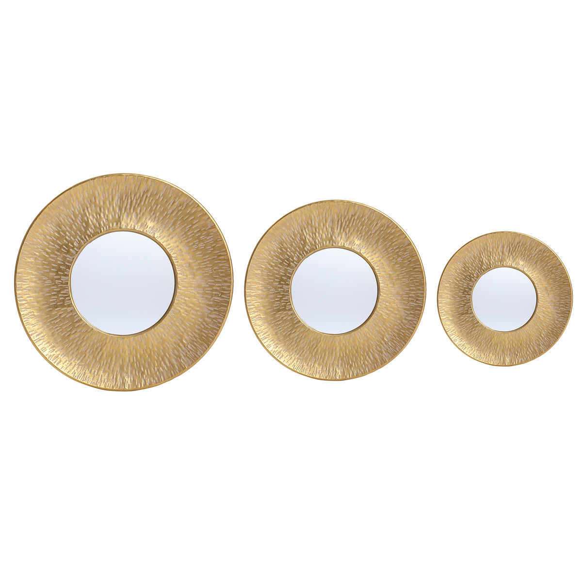 3-Piece Hammered Metal Round Decorative Wall Mirror Set, Gold