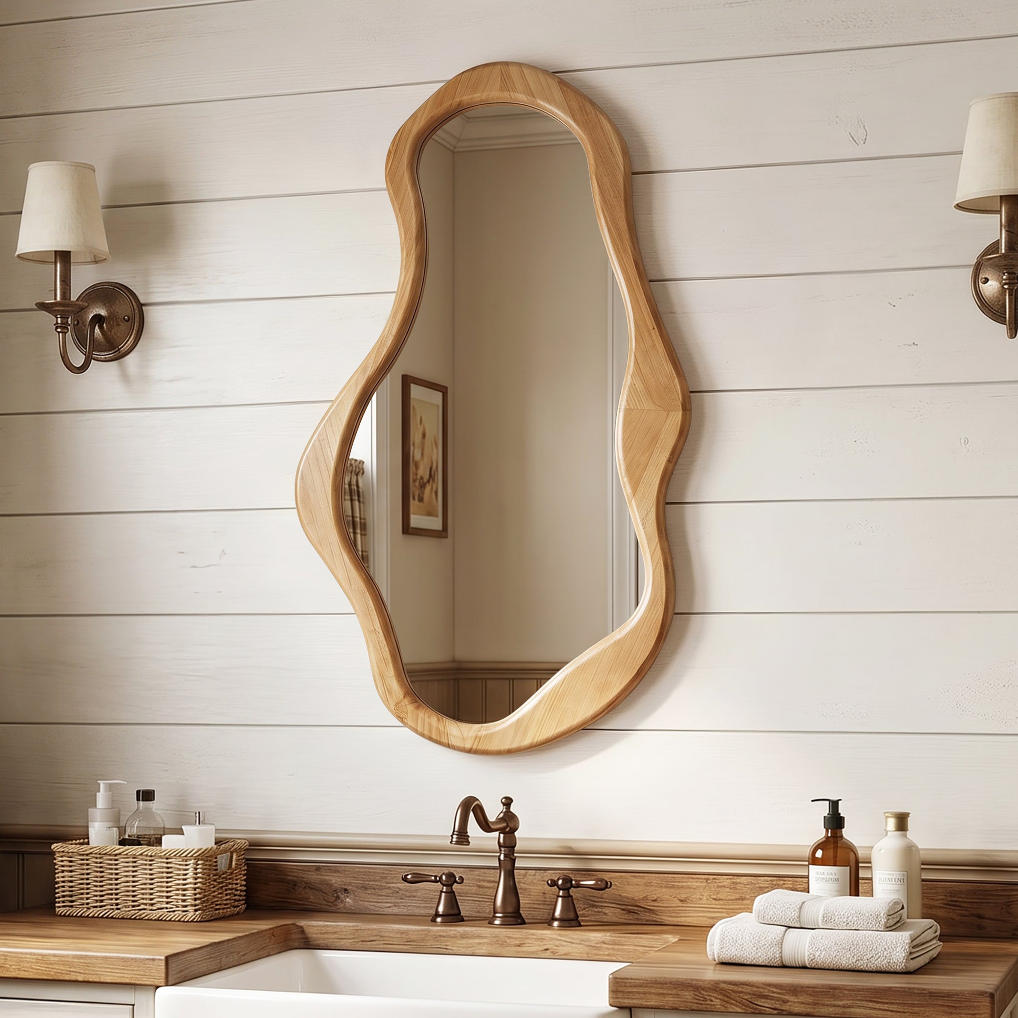 Langford Home 39.4"x21" Asymmetrical Wall Mirror, Irregular Wavy Wood Mirror