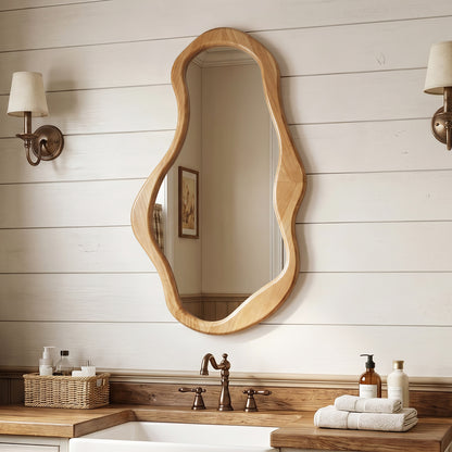 Tall Freeform Wood Decorative Accent Wall Mirror, Pine, 39.5"