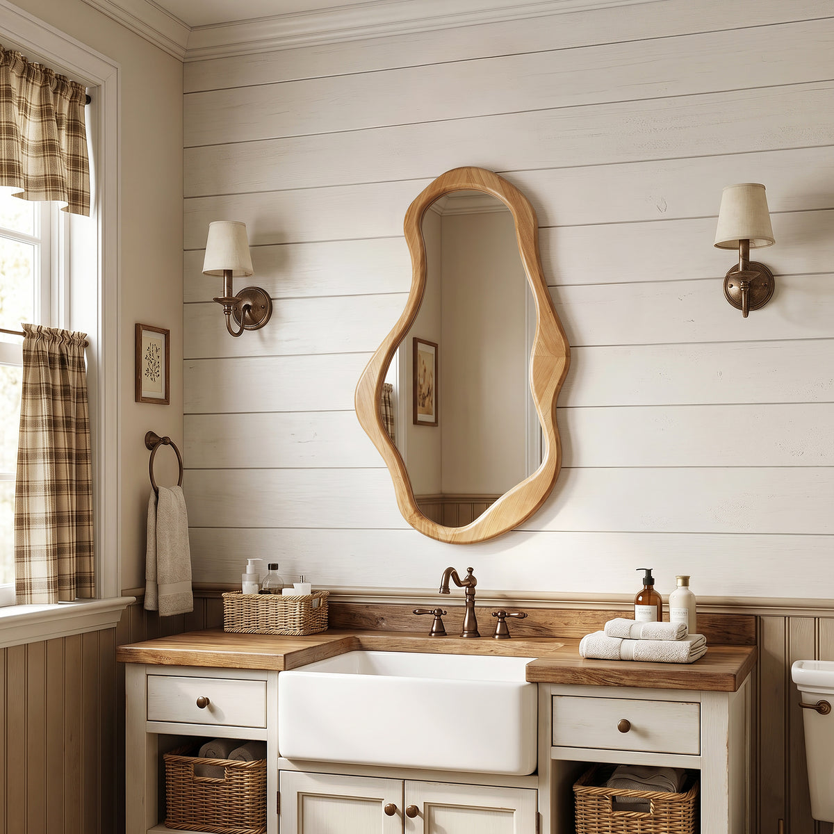 Tall Freeform Wood Decorative Accent Wall Mirror, Pine, 39.5"