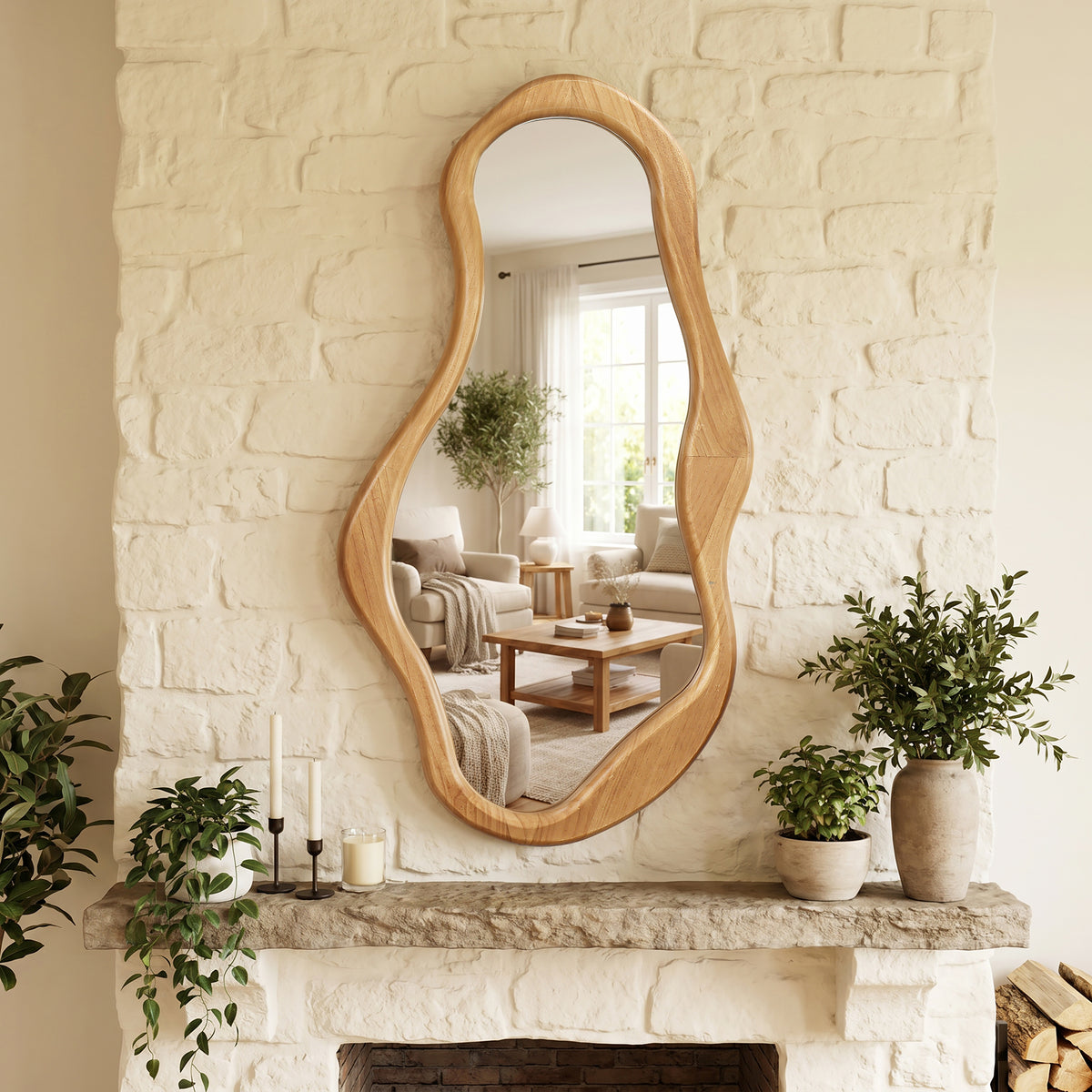 Tall Freeform Wood Decorative Accent Wall Mirror, Pine, 39.5"