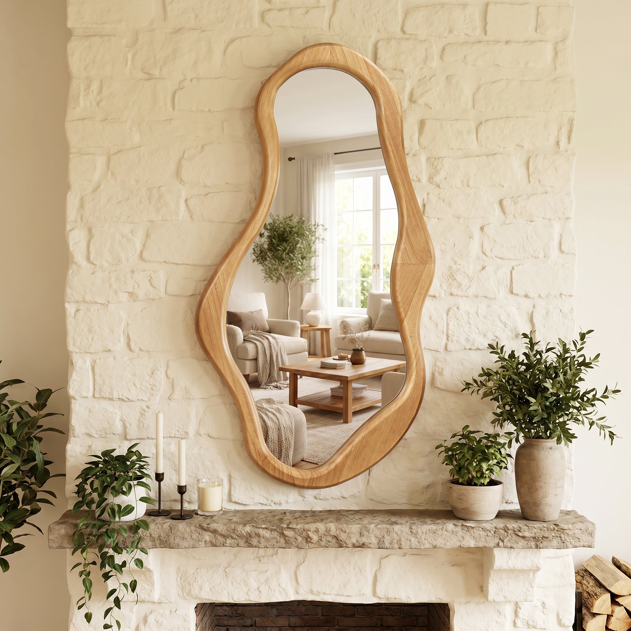 Langford Home 39.4"x21" Asymmetrical Wall Mirror, Irregular Wavy Wood Mirror