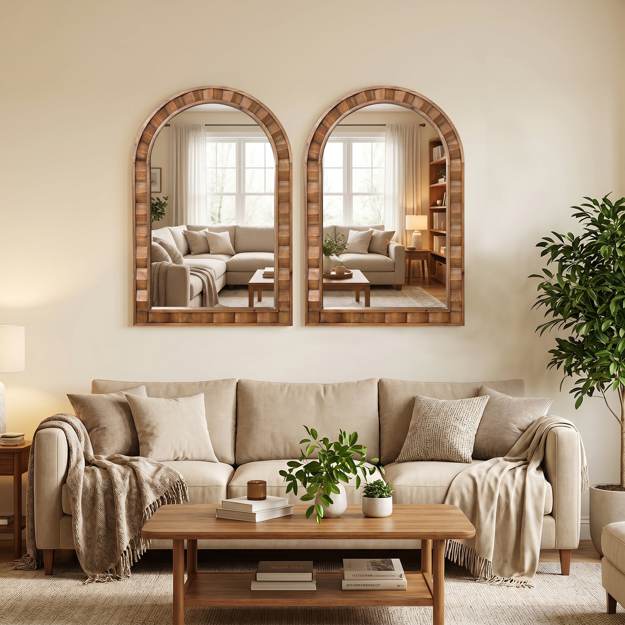 Langford Home 35.4"x23.3" Arched Wall Mirror, 3D Textured Wood Mirror