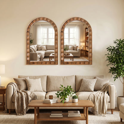 Textured Arched Window Wood Wall Mirror, Natural, 35.5"