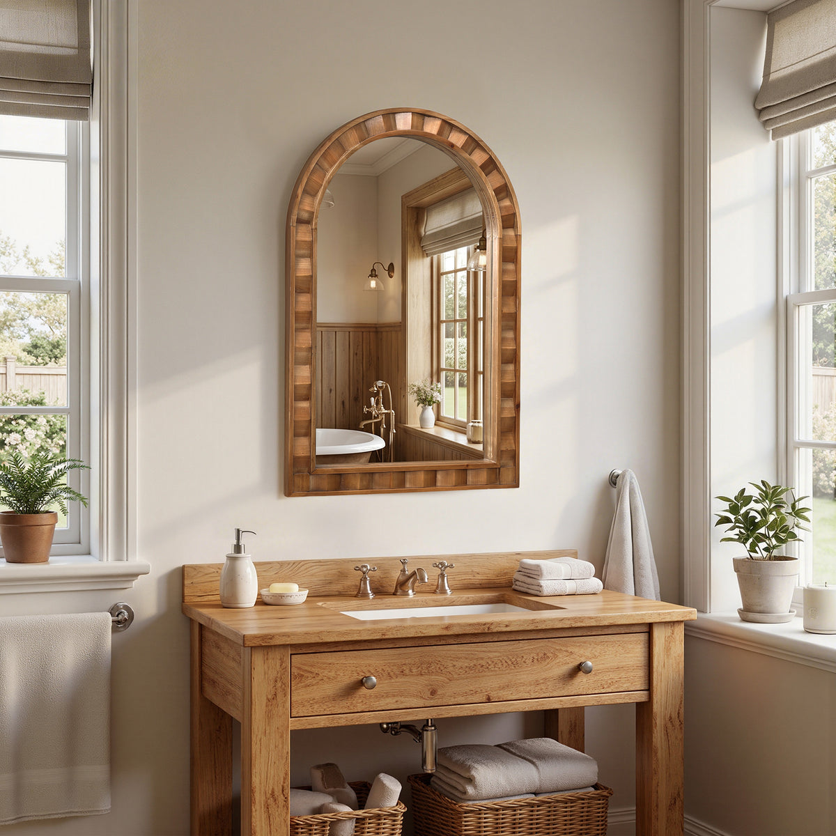 Textured Arched Window Wood Wall Mirror, Natural, 35.5"