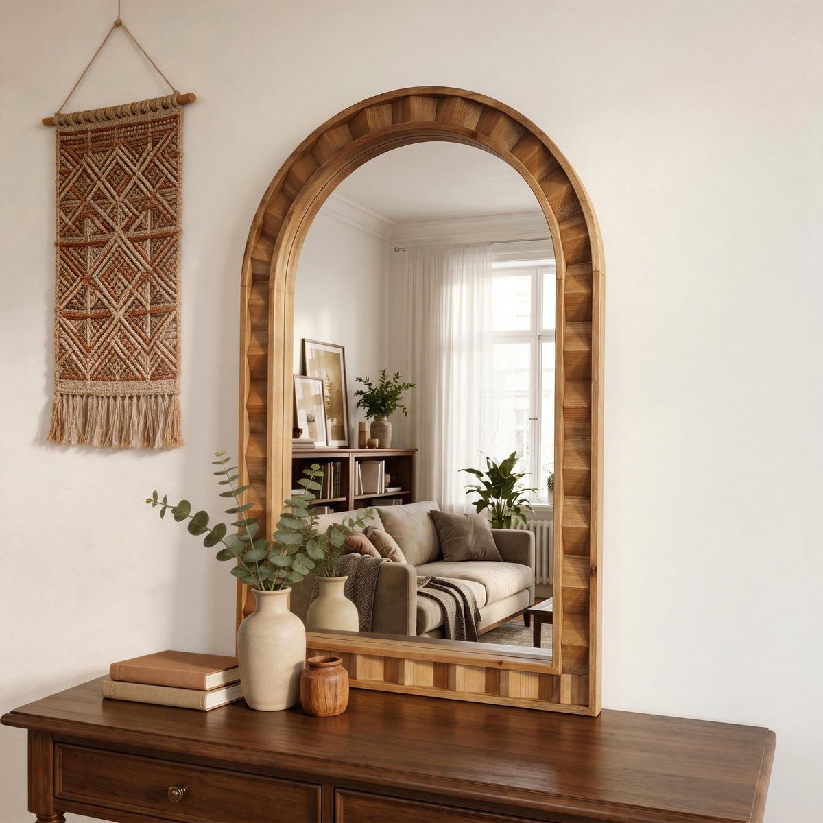 Textured Arched Window Wood Wall Mirror, Natural, 35.5"