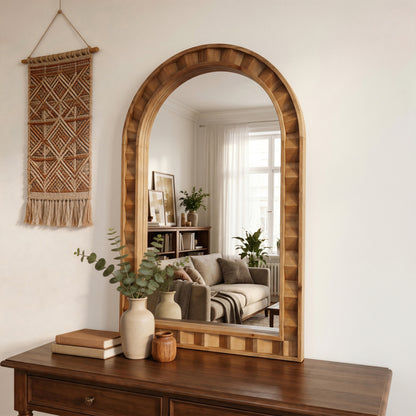 Textured Arched Window Wood Wall Mirror, Natural, 35.5"