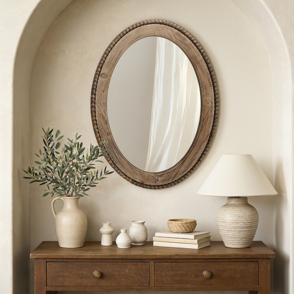 Beaded Frame Oval Wood Decor Wall Mirror, Brown, 32"