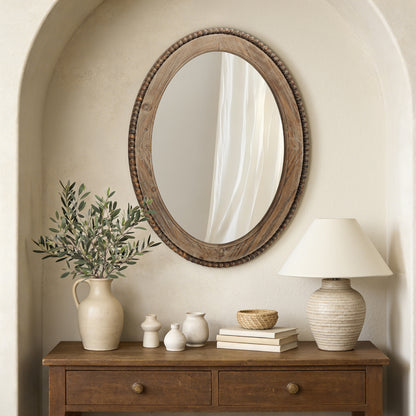 Beaded Frame Oval Wood Decor Wall Mirror, Brown, 32"