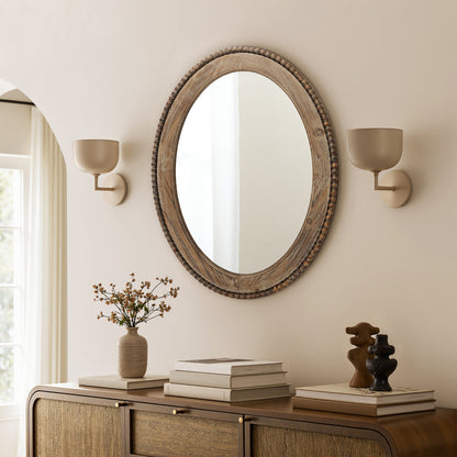 Beaded Frame Oval Wood Decor Wall Mirror, Brown, 32"