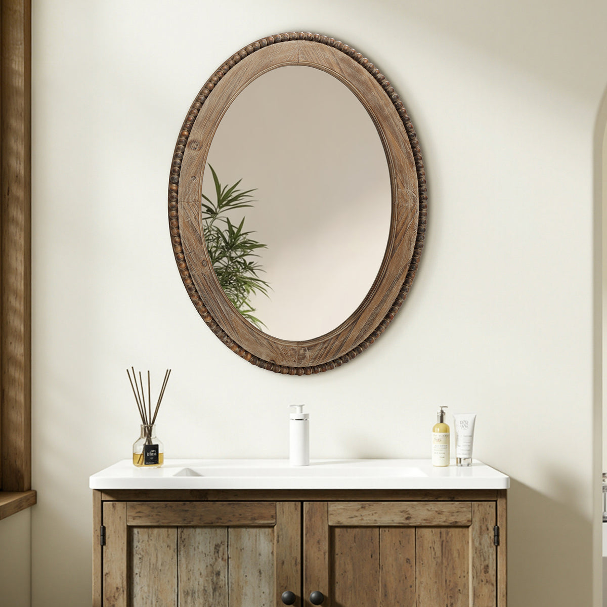 Beaded Frame Oval Wood Decor Wall Mirror, Brown, 32"