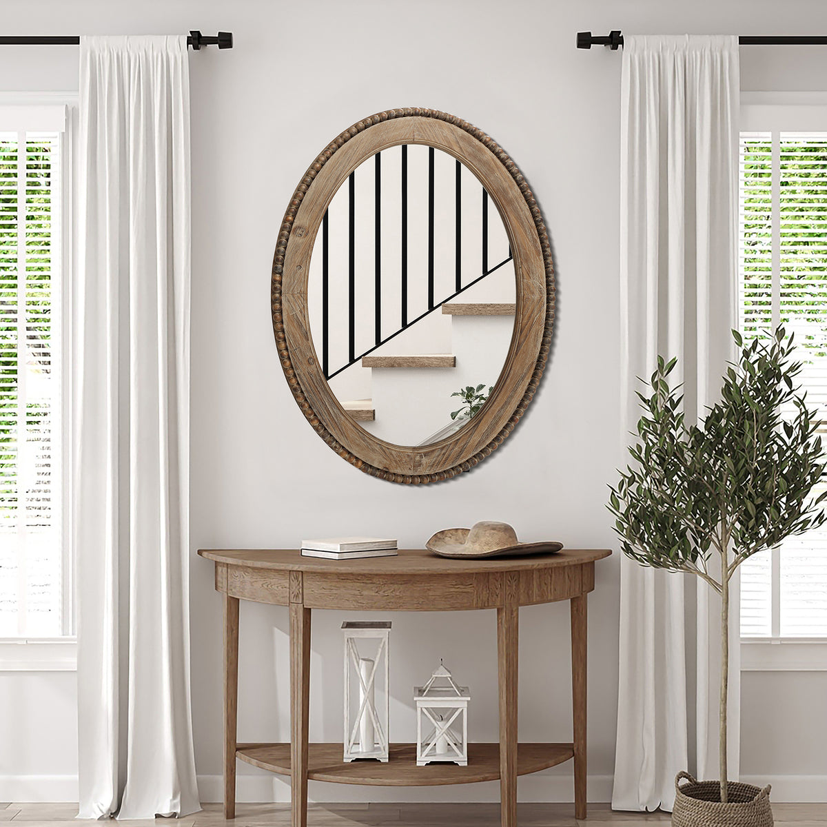 Beaded Frame Oval Wood Decor Wall Mirror, Brown, 32"