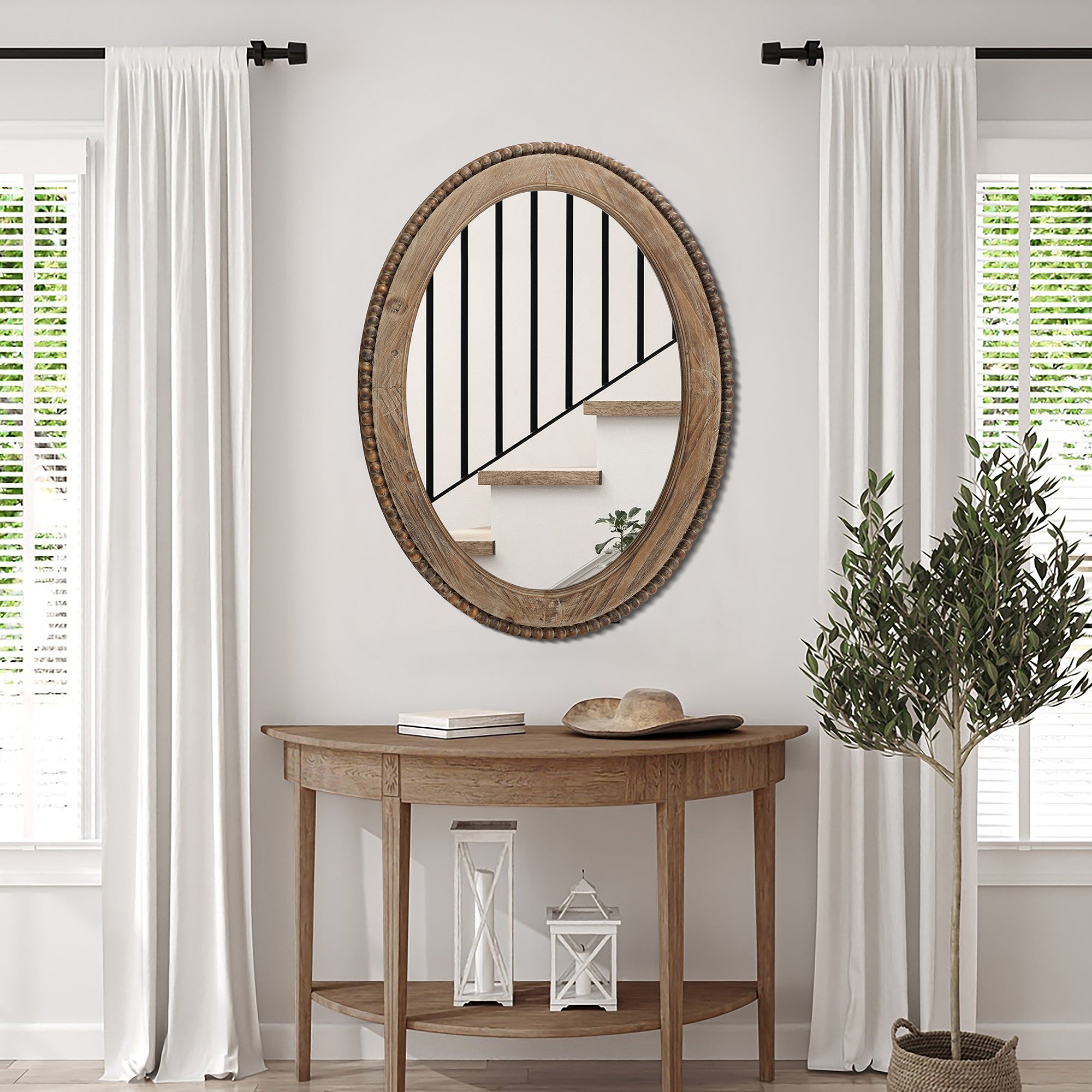 Langford Home 32"x24" Oval Wall Mirror, Wood Beaded Farmhouse Mirror