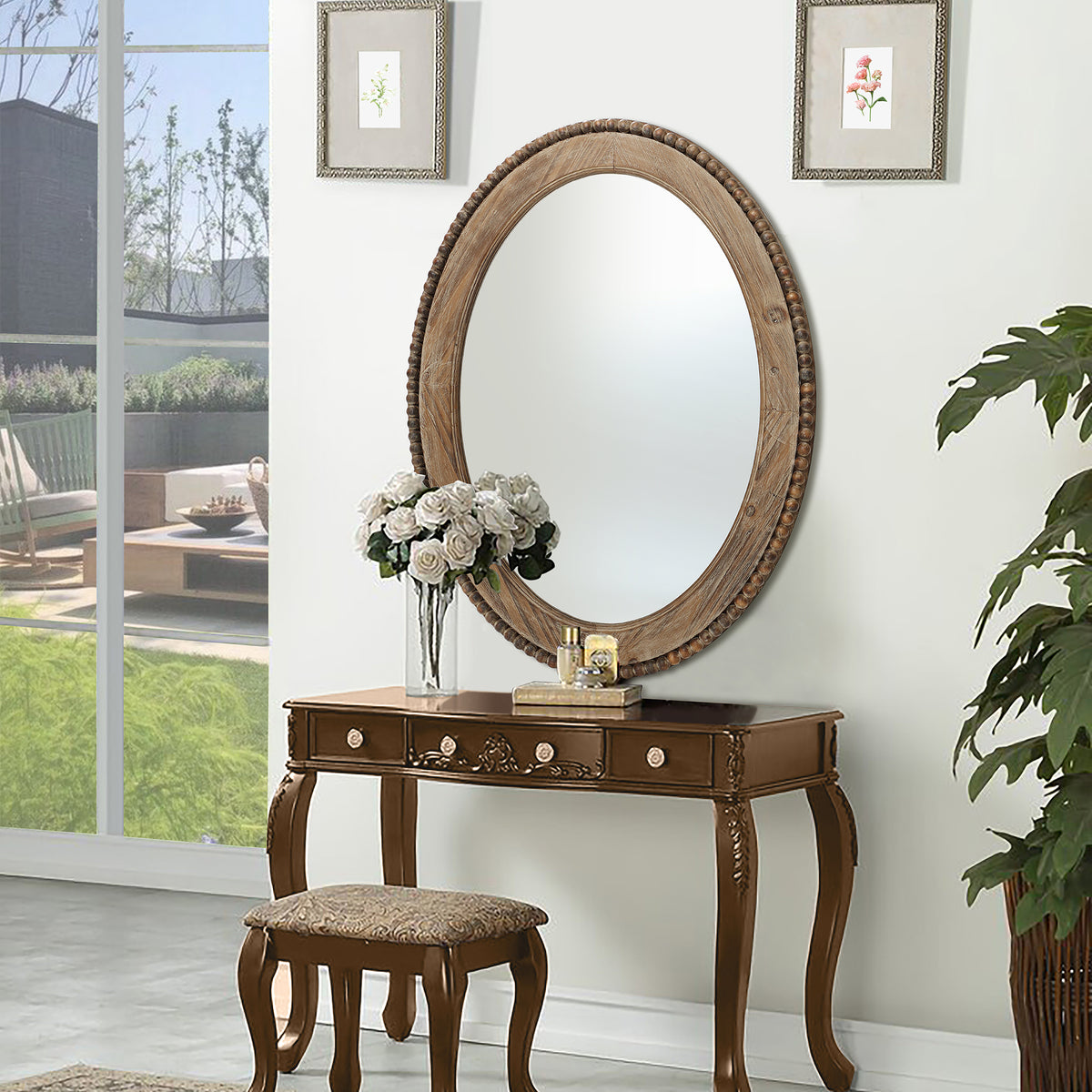 Beaded Frame Oval Wood Decor Wall Mirror, Brown, 32"