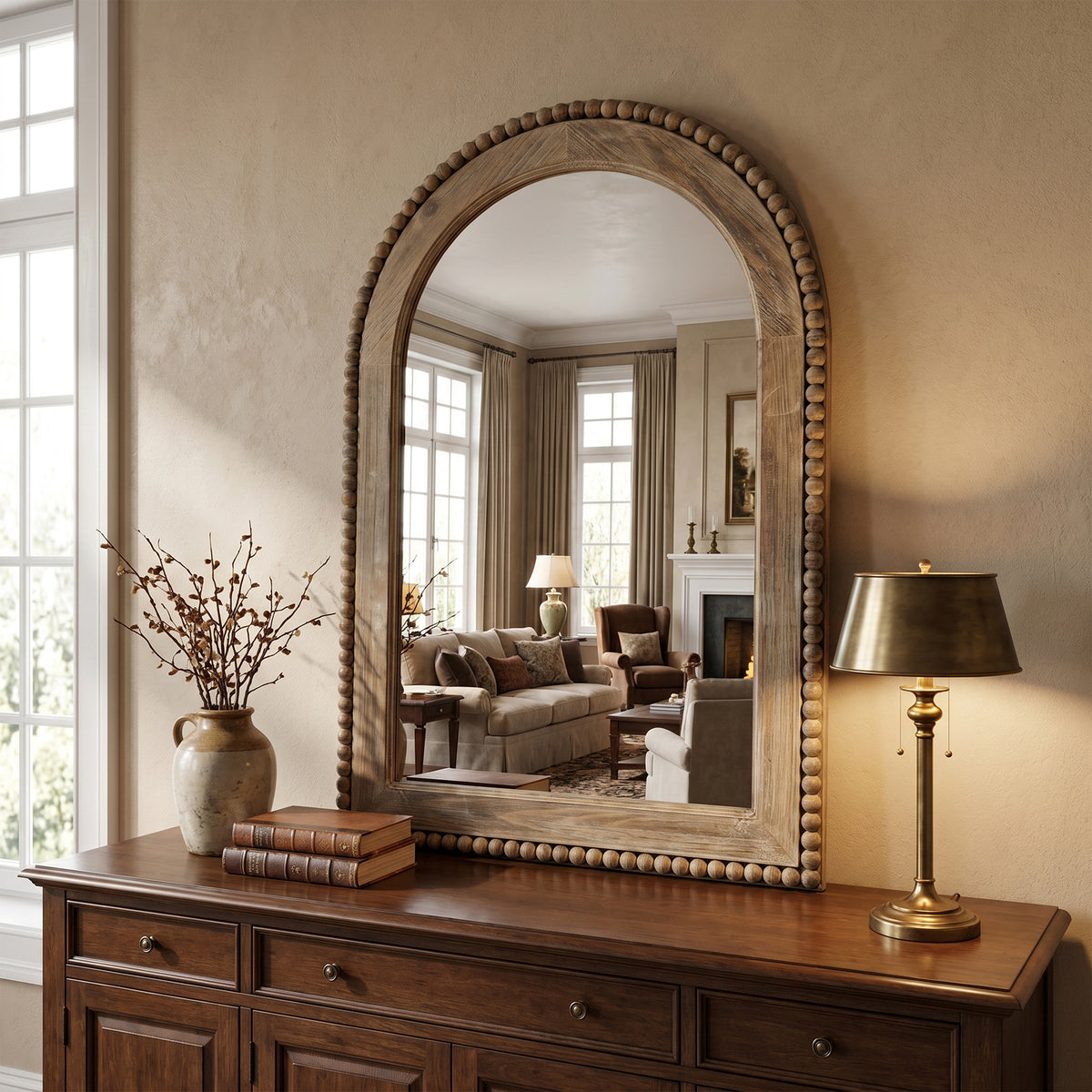 Beaded Frame Arched Wood Decor Wall Mirror, Brown, 39"