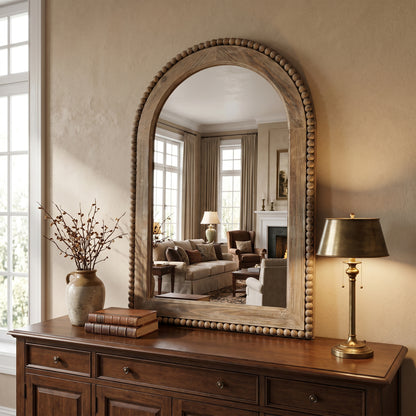 Beaded Frame Arched Wood Decor Wall Mirror, Brown, 39"