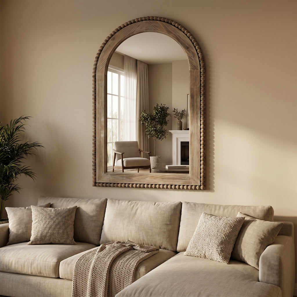 Langford Home 39"x26" Arched Wall Mirror, Beaded Window Farmhouse Mirror