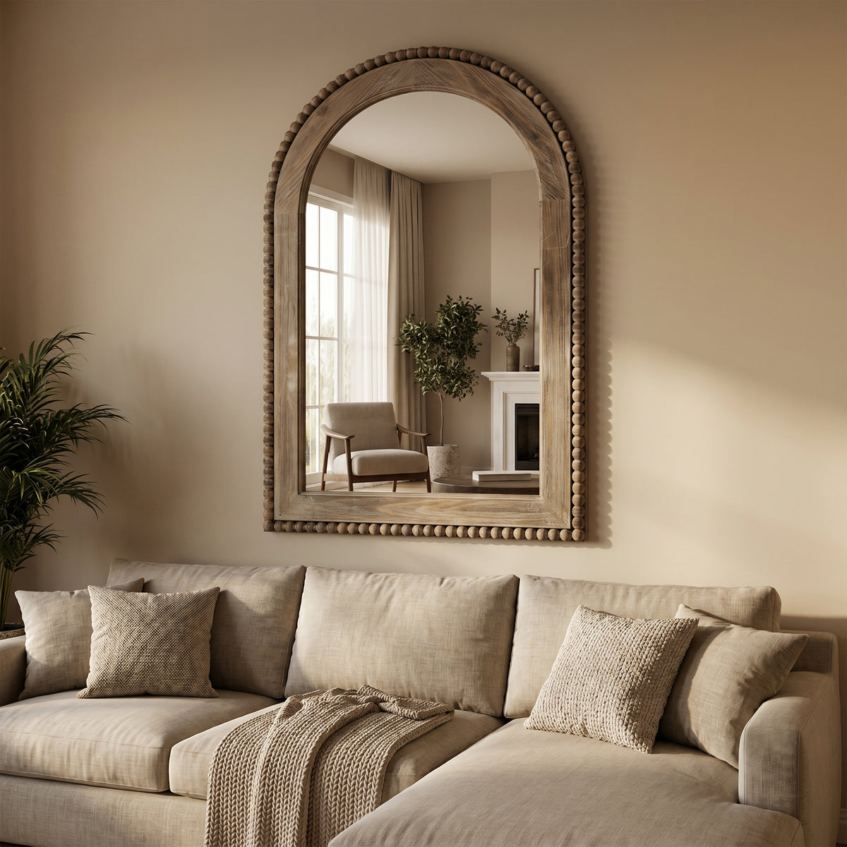 Beaded Frame Arched Wood Decor Wall Mirror, Brown, 39"