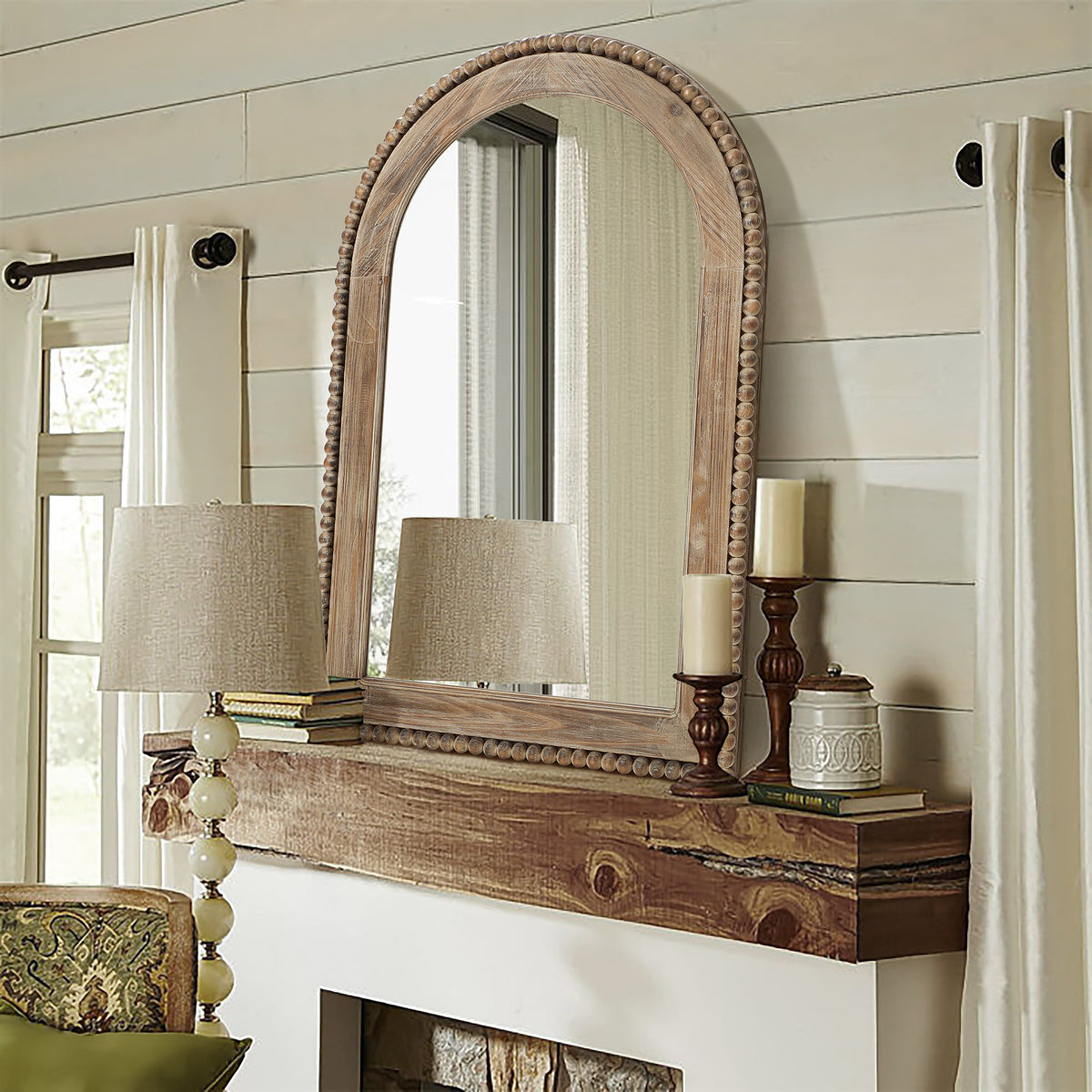 Beaded Frame Arched Wood Decor Wall Mirror, Brown, 39"