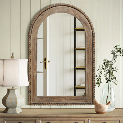 Beaded Frame Arched Wood Decor Wall Mirror, Brown, 39"