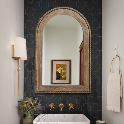 Beaded Frame Arched Wood Decor Wall Mirror, Brown, 39"
