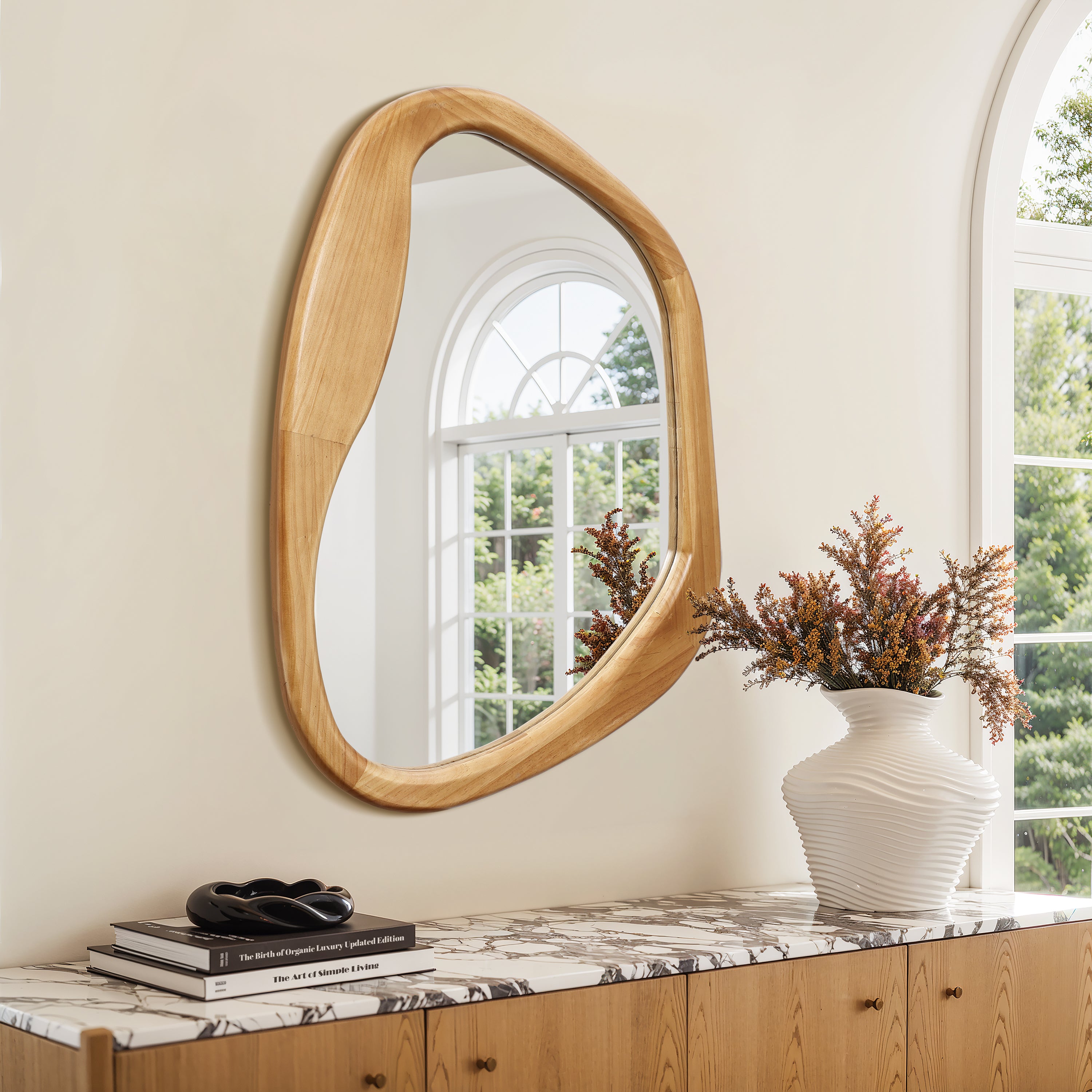 Langford Home 31.5"x23" Asymmetrical Wall Mirror, Irregular Wavy Wood Mirror