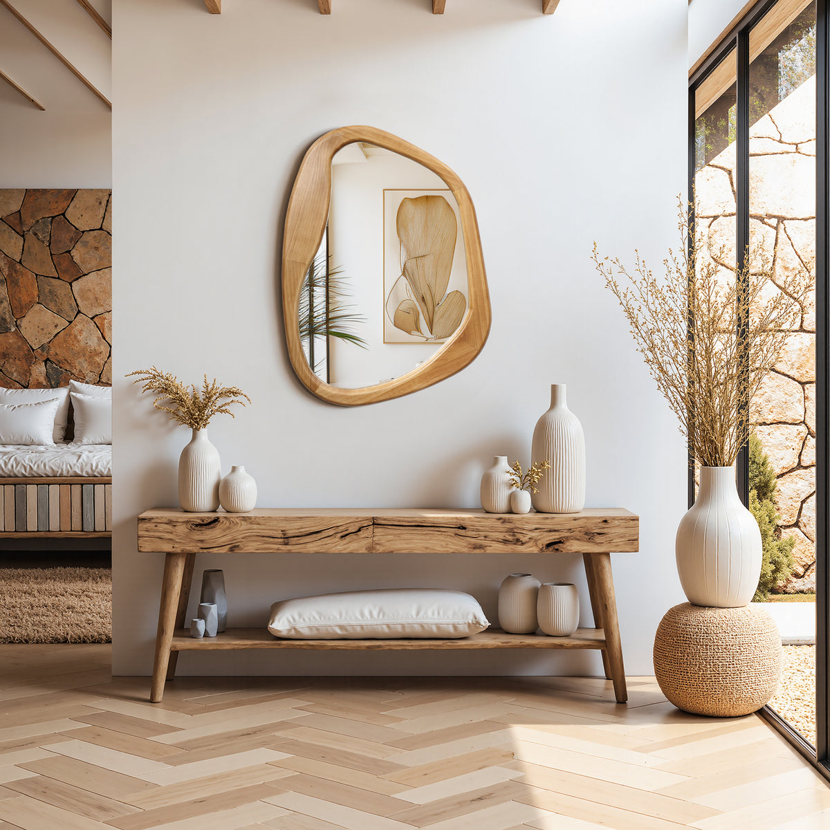 Wavy Freeform Wood Decorative Accent Wall Mirror, Pine, 31.5"