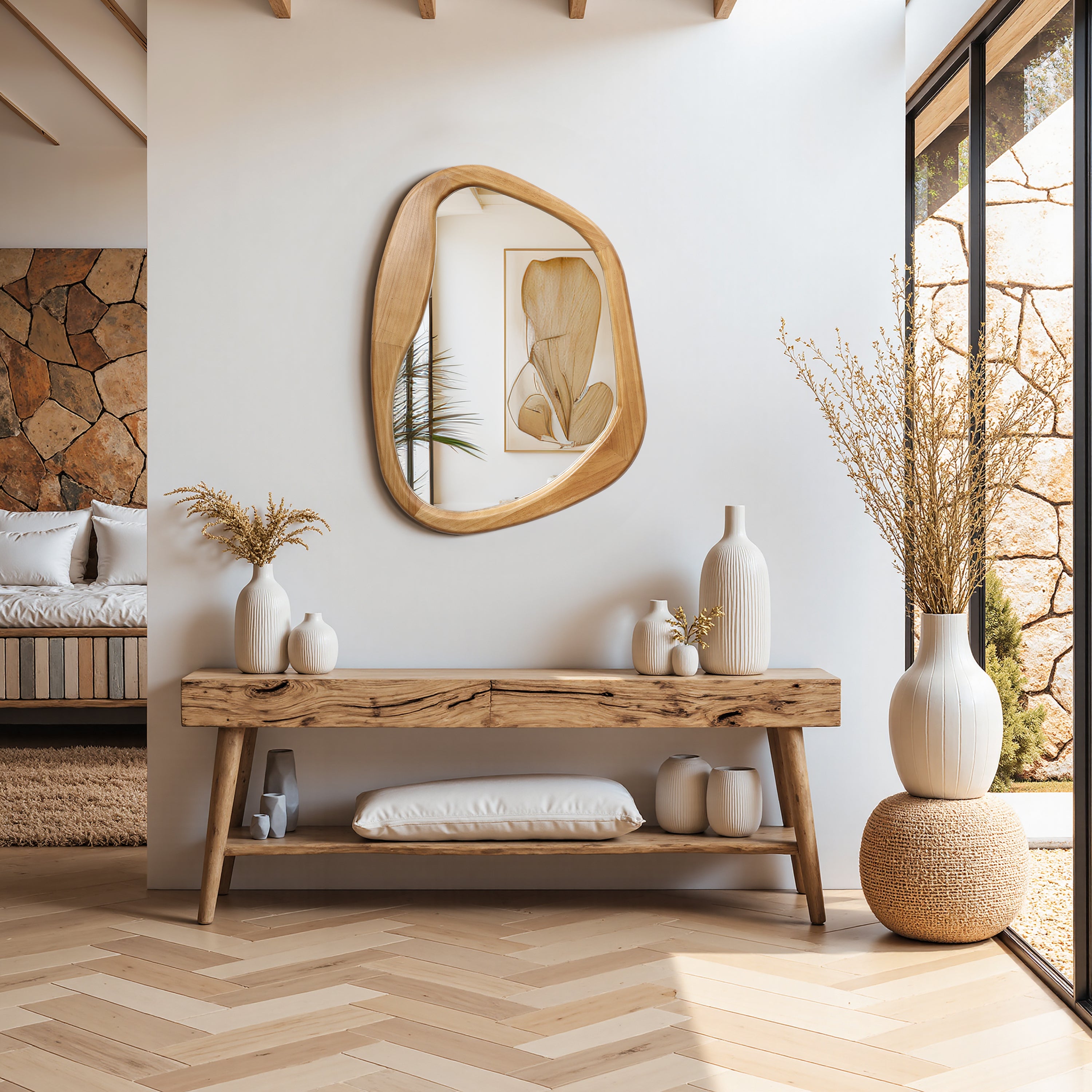 Langford Home 31.5"x23" Asymmetrical Wall Mirror, Irregular Wavy Wood Mirror