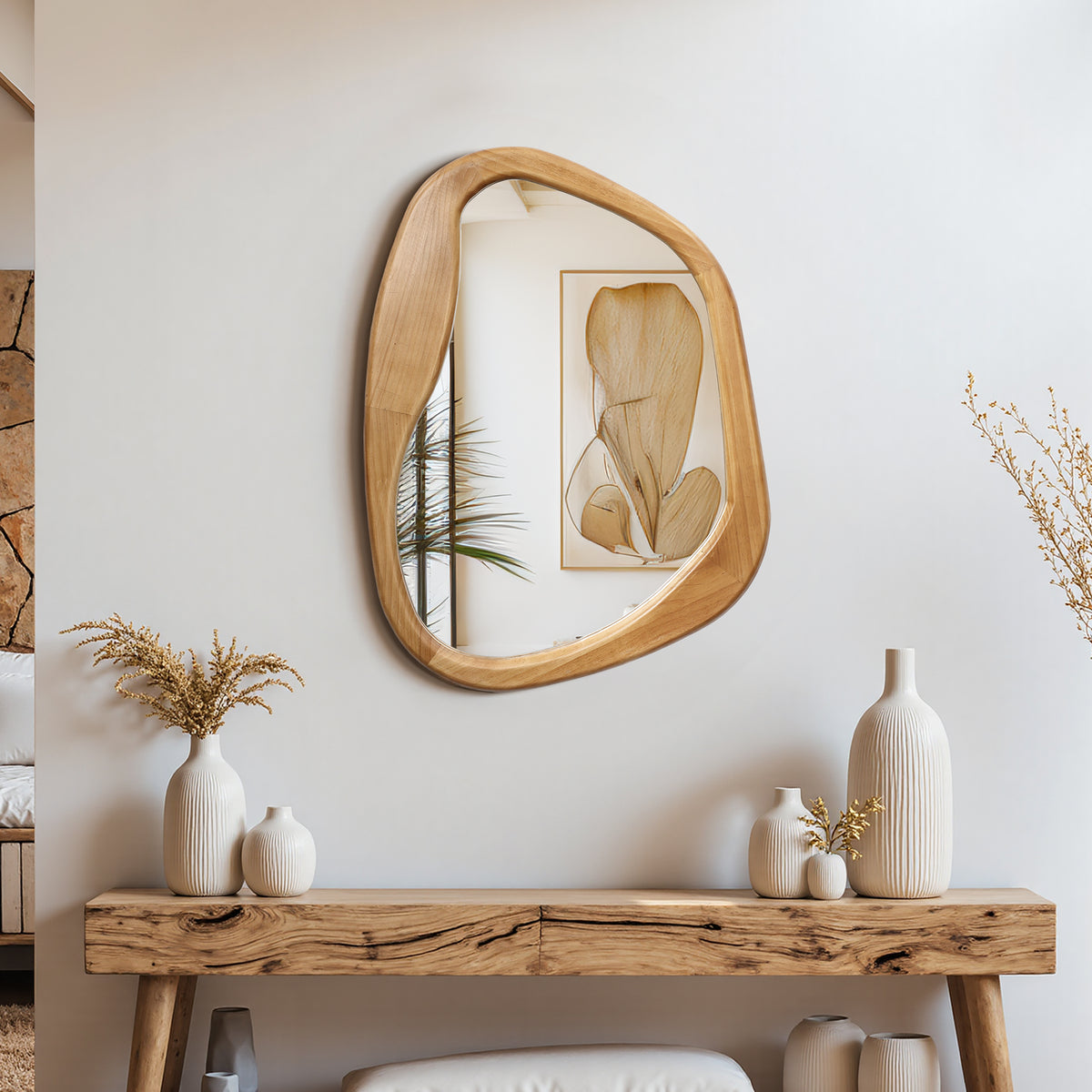 Wavy Freeform Wood Decorative Accent Wall Mirror, Pine, 31.5"