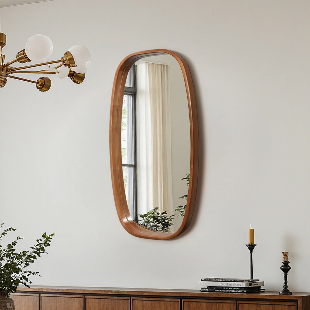 Rounded Rectangle Wood Framed Wall Mirror, Natural, 31.5"