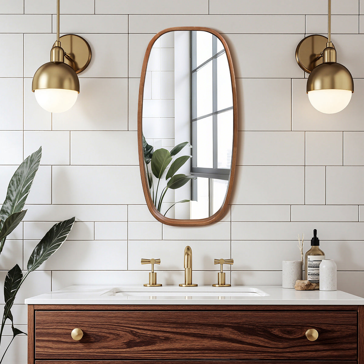 Rounded Rectangle Wood Framed Wall Mirror, Natural, 31.5"