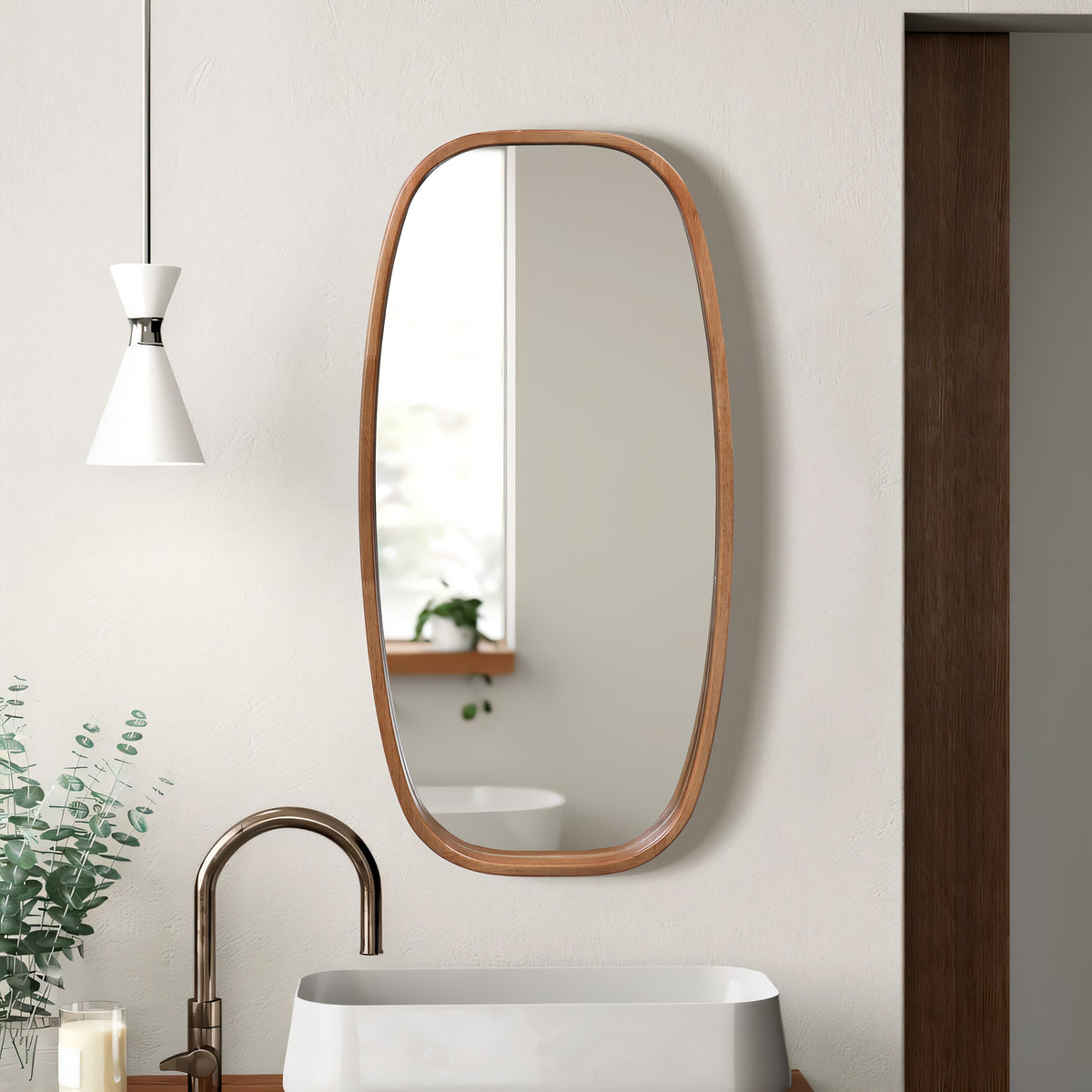 Rounded Rectangle Wood Framed Wall Mirror, Natural, 31.5"
