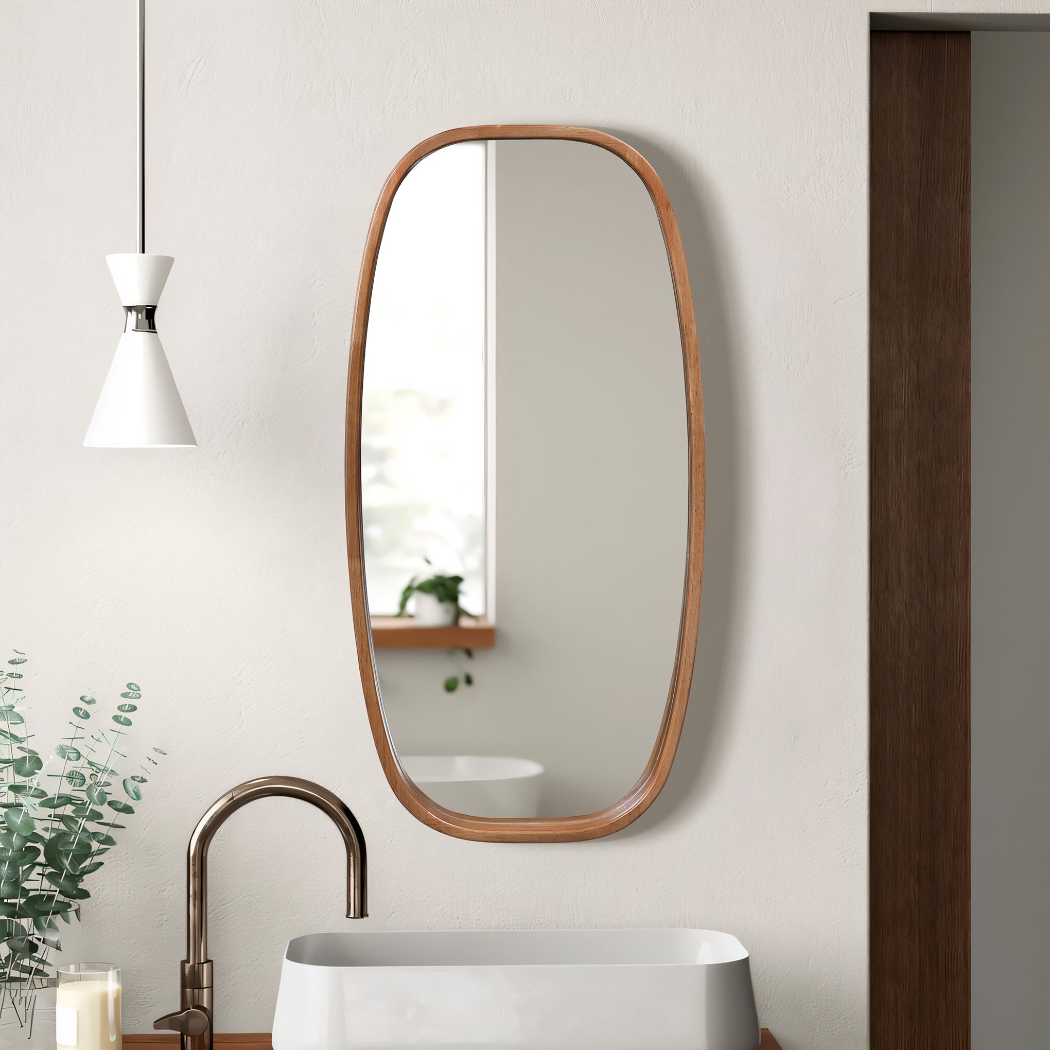 Langford Home 31.5"x15.7" Rounded Rectangle Mirror, Deep Wood Wall Mirror