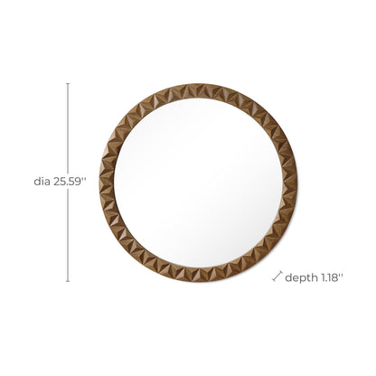 Carved Geometric Pattern Wood Round Wall Mirror, Brown, 26"