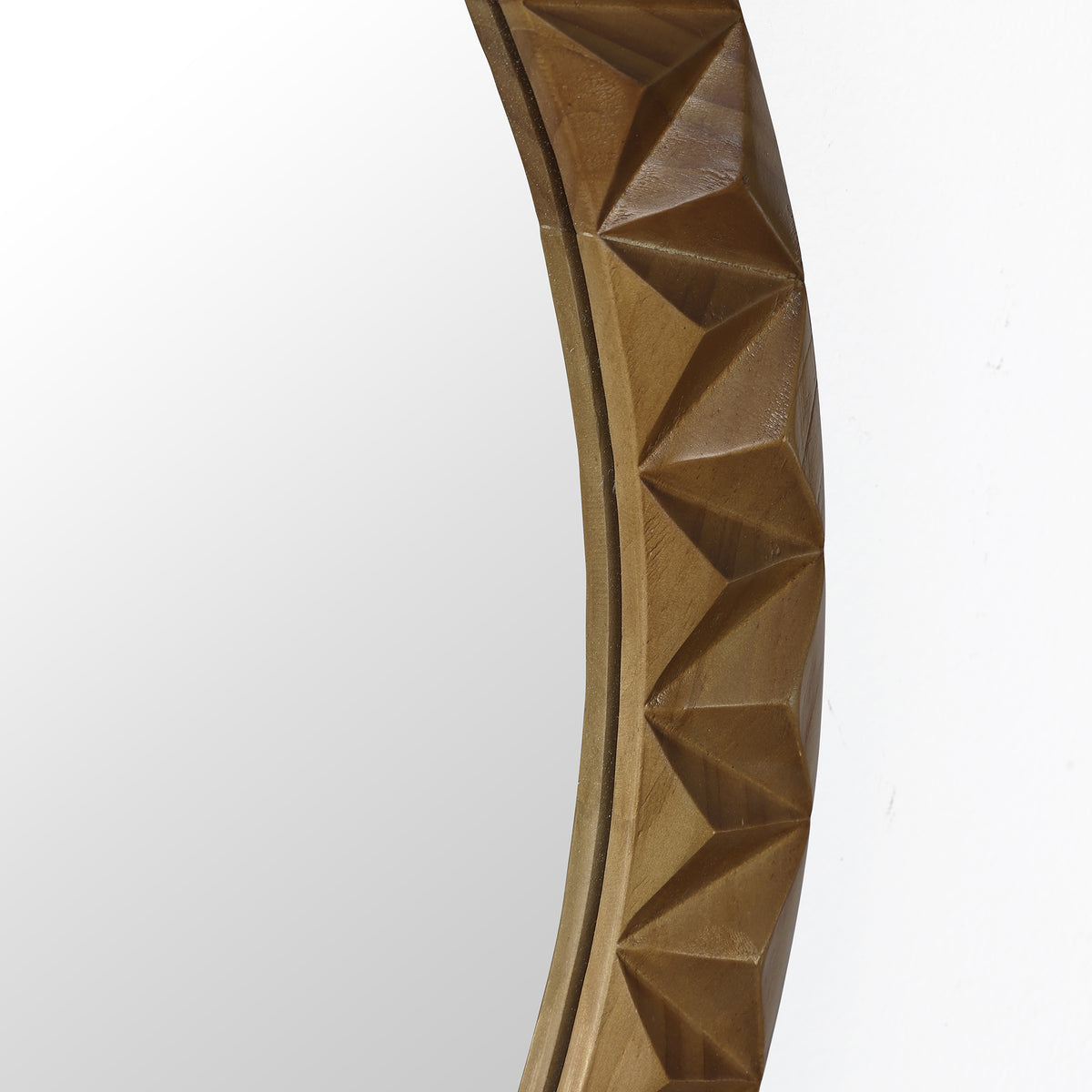 Carved Geometric Pattern Wood Round Wall Mirror, Brown, 26"