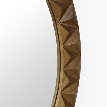 Carved Geometric Pattern Wood Round Wall Mirror, Brown, 26"