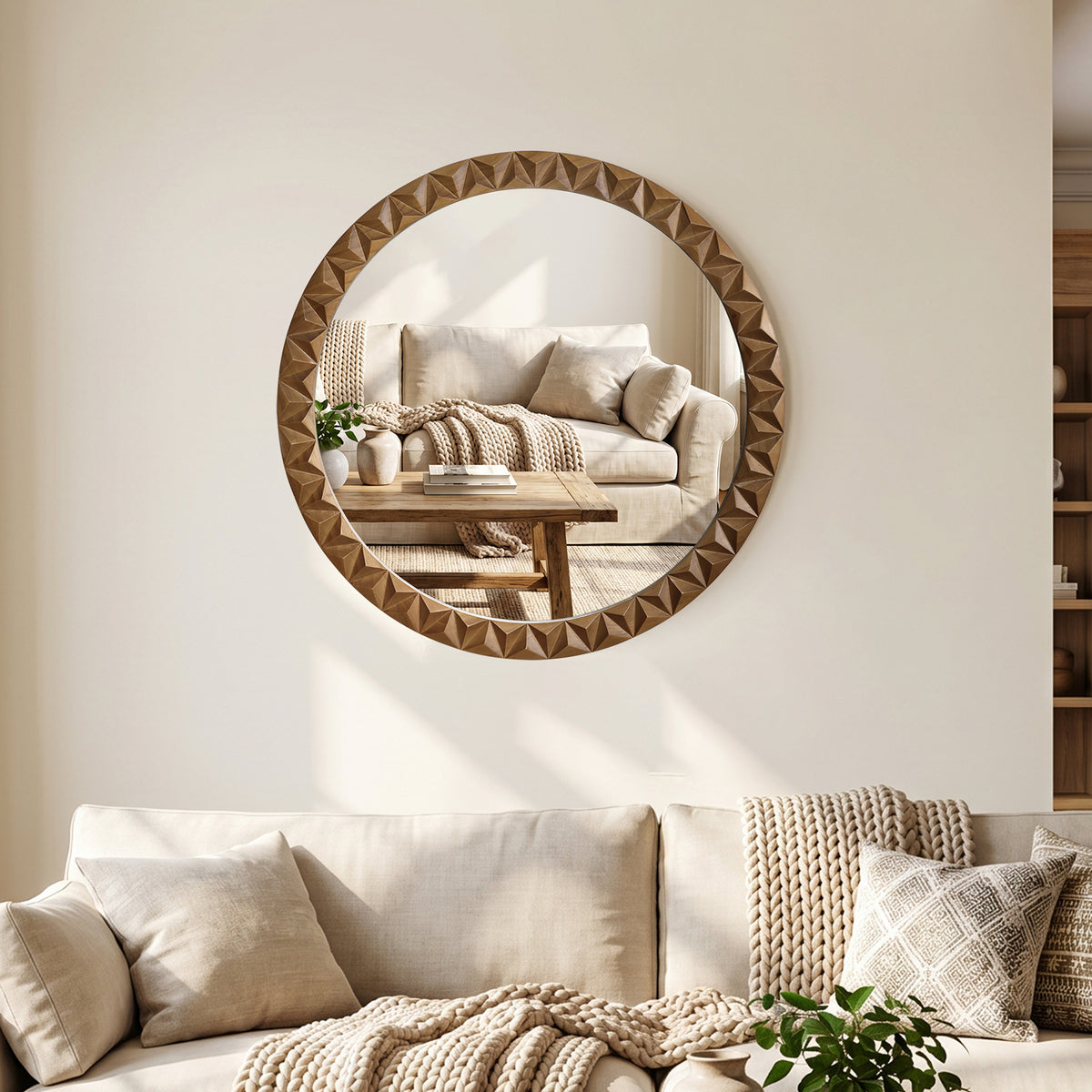 Carved Geometric Pattern Wood Round Wall Mirror, Brown, 26"