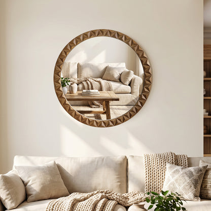 Carved Geometric Pattern Wood Round Wall Mirror, Brown, 26"