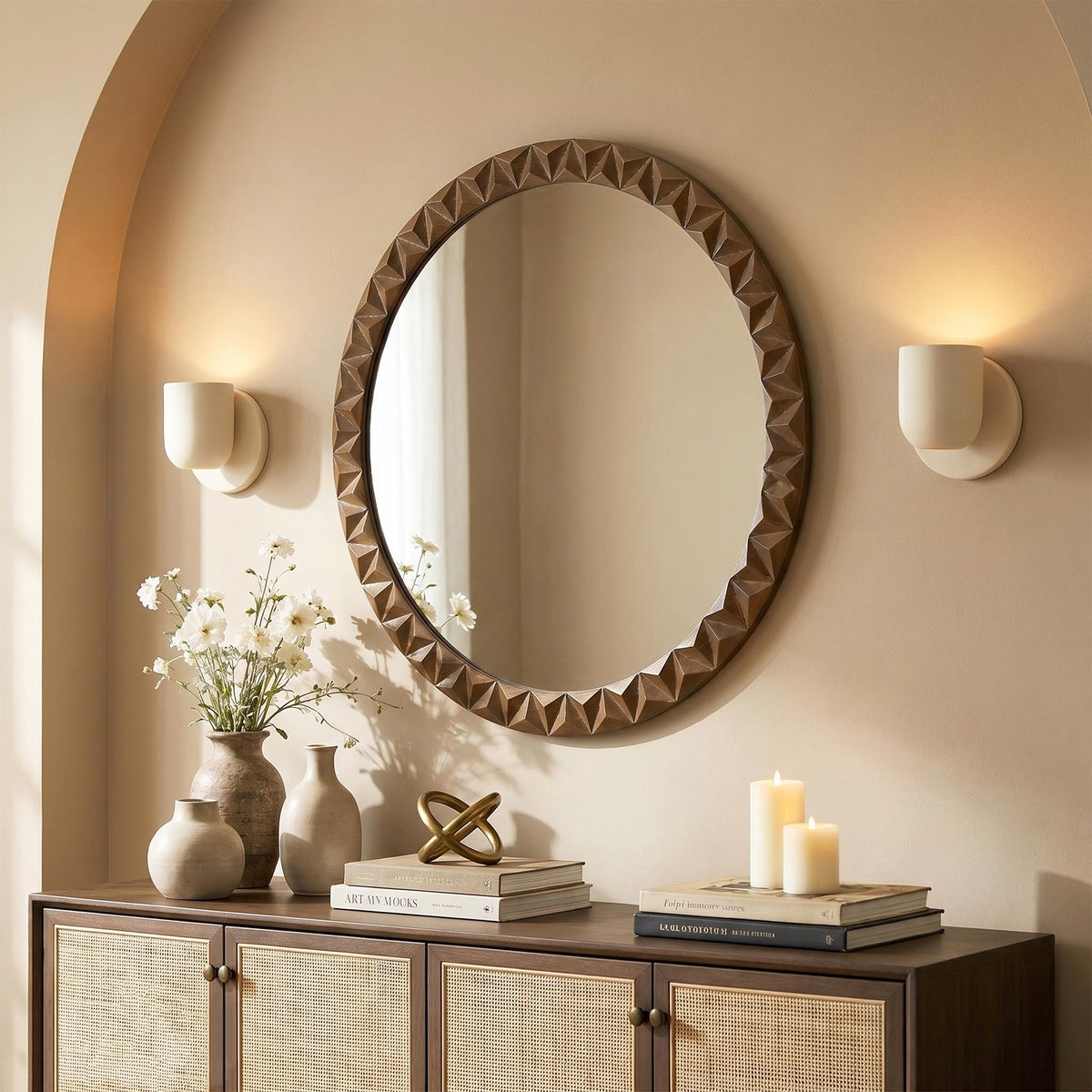 Carved Geometric Pattern Wood Round Wall Mirror, Brown, 26"