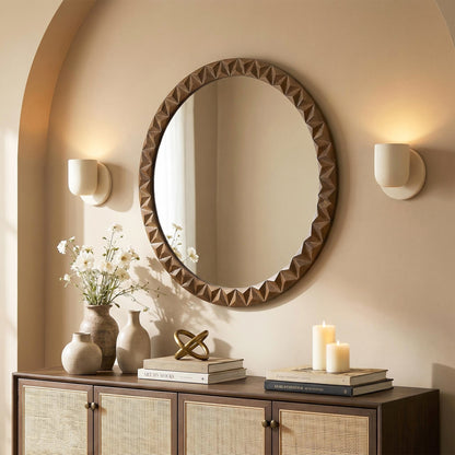 Carved Geometric Pattern Wood Round Wall Mirror, Brown, 26"