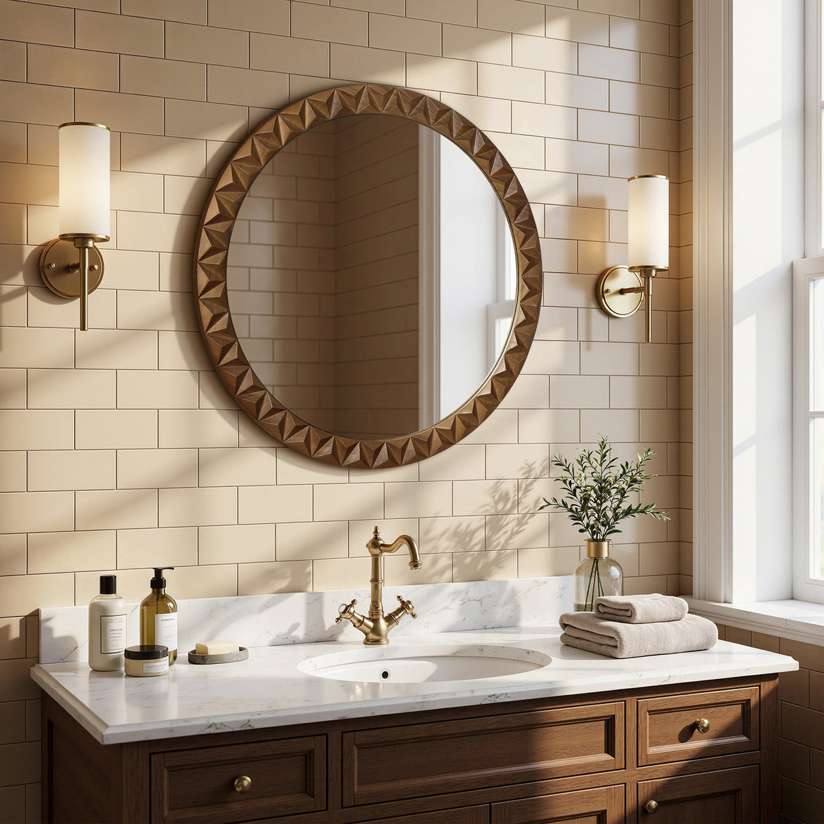 Carved Geometric Pattern Wood Round Wall Mirror, Brown, 26"